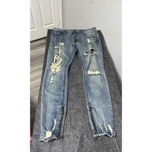 Young & Reckless Distressed Light Blue Denim Men's Jeans Ankle Zip 34x32